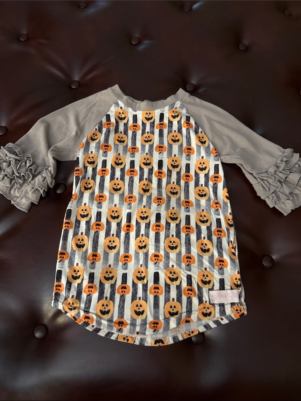 Girls Pumpkin Print Raglan Top - Gray and Orange